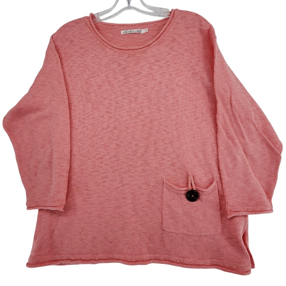 Lulu-B L/XL Pink Knit Sweater 3/4 Sleeve Pocket Coastal Beachy Casual Light